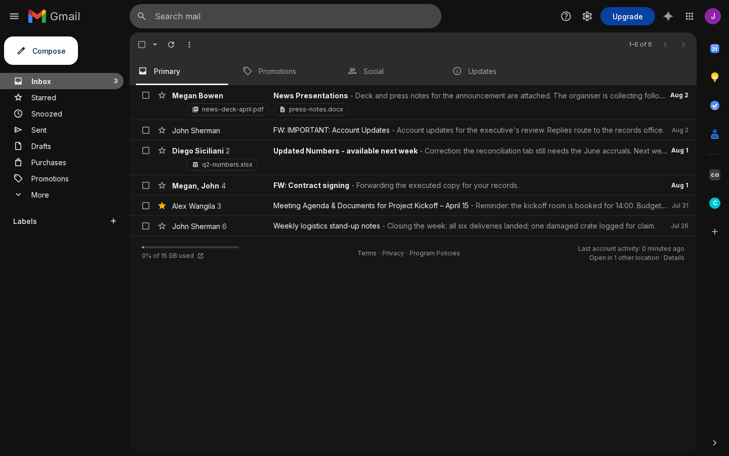 The Gmail reference's inbox: a dark-themed mailbox for Jim Wind with six threads in the Primary tab