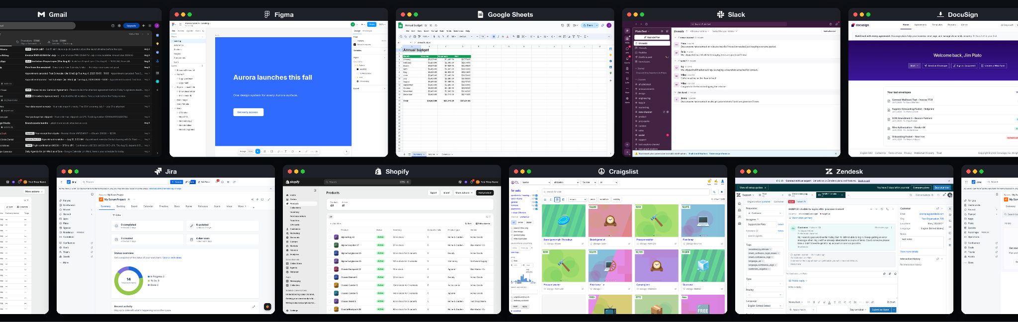 The nine Web Clone Bench reference apps: Gmail, Figma, Google Sheets, Slack, DocuSign, Jira, Shopify, Craigslist and Zendesk